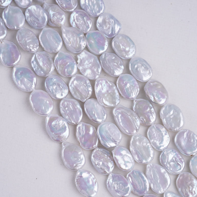 14-16mm White Coin Natural Freshwater Pearl Strands