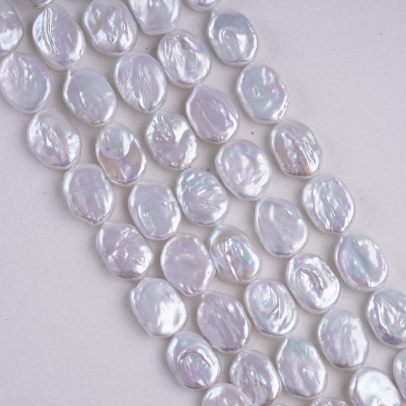 14-16mm White Coin Natural Freshwater Pearl Strands