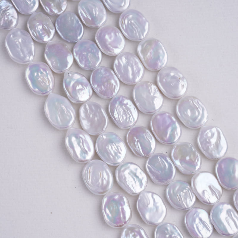 14-16mm White Coin Natural Freshwater Pearl Strands