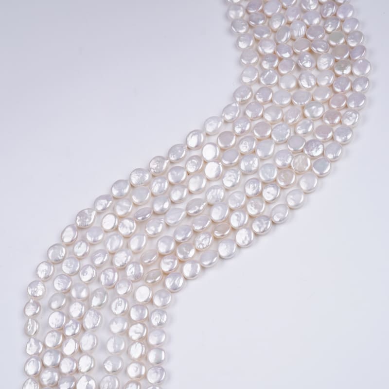 9-10mm White Coin Natural Freshwater Pearl Strands