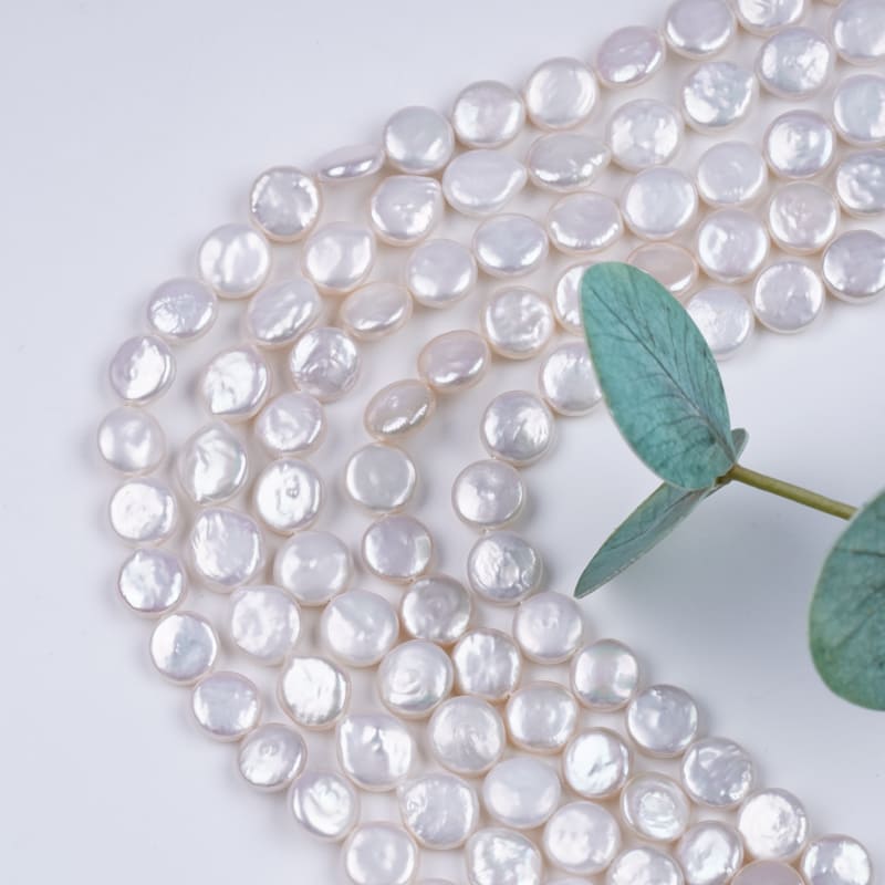 9-10mm White Coin Natural Freshwater Pearl Strands