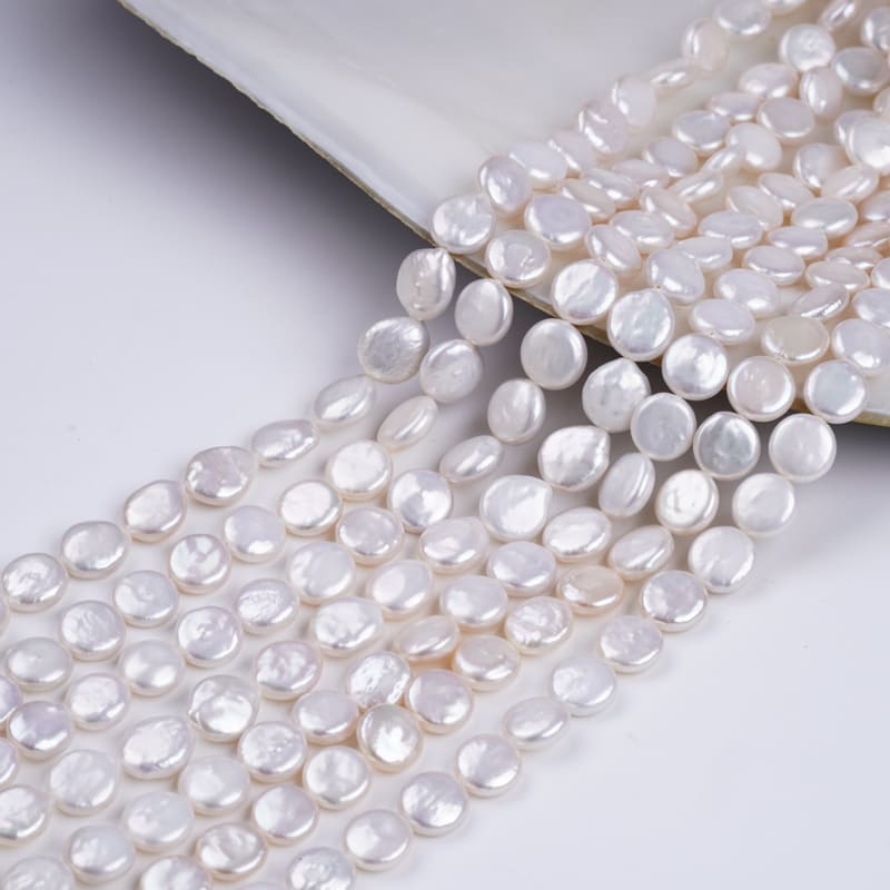 9-10mm White Coin Natural Freshwater Pearl Strands