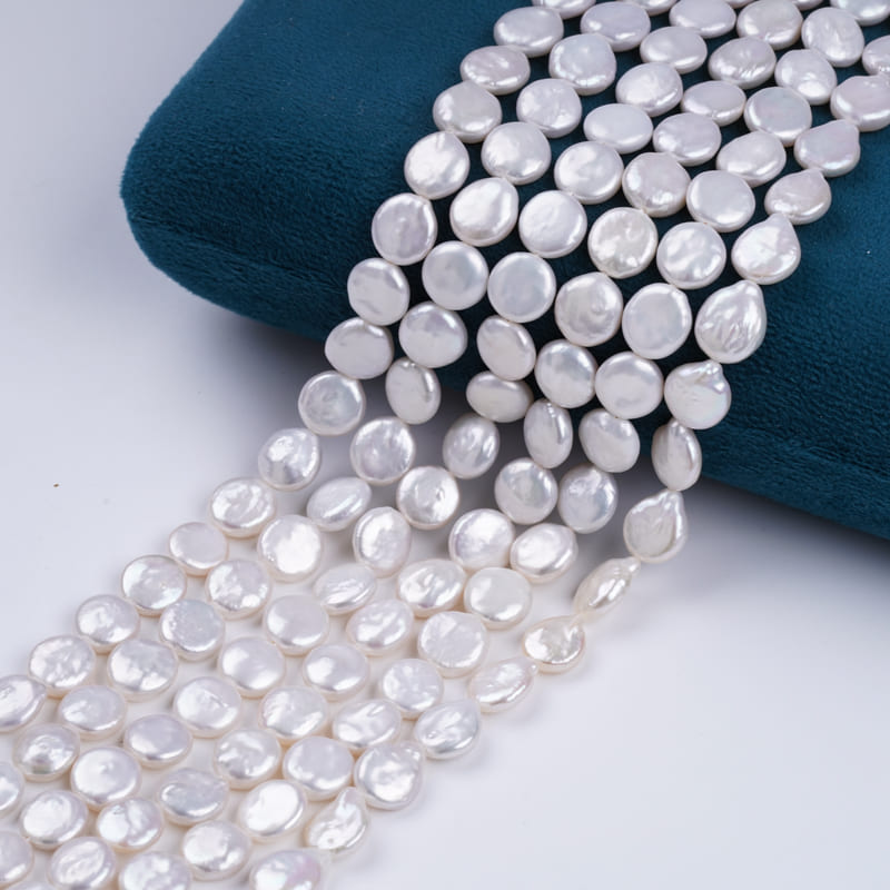 9-10mm White Coin Natural Freshwater Pearl Strands
